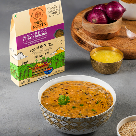 Indic Roots black rice and quinoa khichdi, traditional Indian food made with natural ingredients